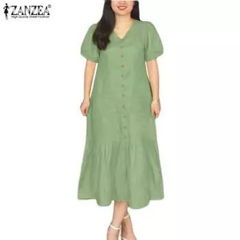 ZANZEA Женское повседневное свободное летнее платье с коротким рукавом и V-образным вырезом S зелёный