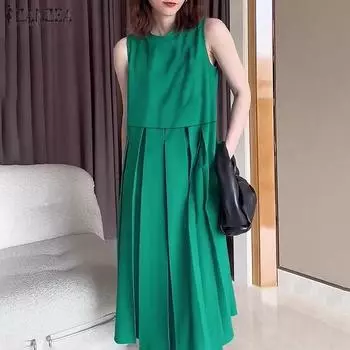 ZANZEA Женское повседневное свободное летнее платье без рукавов с круглым вырезом 4XL зелёный