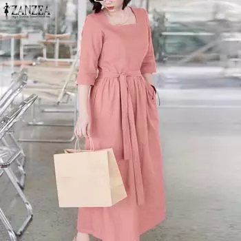 ZANZEA Женское повседневное свободное летнее платье с квадратным воротником и рукавом 3/4 S розовый