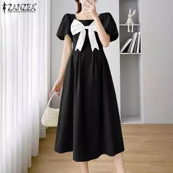 ZANZEA Женское повседневное свободное летнее платье с квадратным воротником и коротким рукавом S чёрный