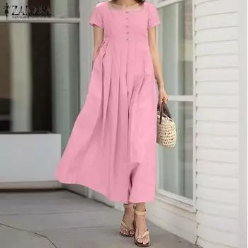 ZANZEA Женское повседневное свободное летнее платье с квадратным воротником и коротким рукавом S бежевый