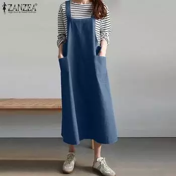 ZANZEA Женское повседневное свободное летнее платье без рукавов с квадратным вырезом S синий