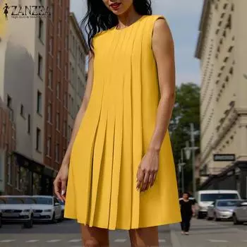 ZANZEA Женское повседневное свободное летнее платье-майка без рукавов с круглым вырезом S чёрный