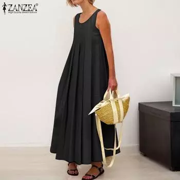 ZANZEA Женское повседневное свободное летнее платье без рукавов с круглым вырезом S абрикосовый