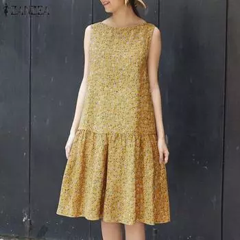 ZANZEA Женское повседневное свободное летнее платье без рукавов с цветочным принтом жёлтый