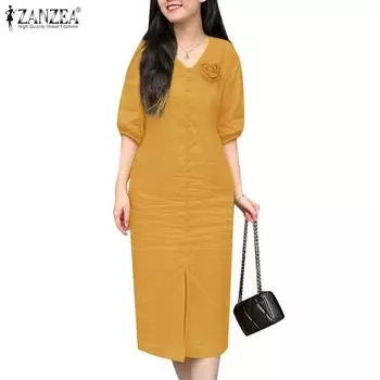 ZANZEA Женское повседневное свободное летнее платье с V-образным вырезом и коротким рукавом S жёлтый