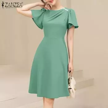 ZANZEA Женское повседневное свободное летнее платье с круглым вырезом и коротким рукавом 3XL зелёный