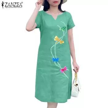 ZANZEA Женское повседневное свободное летнее платье с V-образным вырезом и коротким рукавом с вышивкой S зелёный