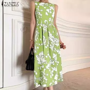 ZANZEA Женское повседневное свободное летнее платье без рукавов с круглым вырезом и цветочным принтом 4XL зелёный
