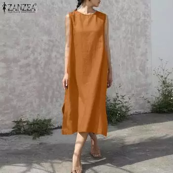 ZANZEA Женское повседневное свободное летнее платье без рукавов с круглым вырезом