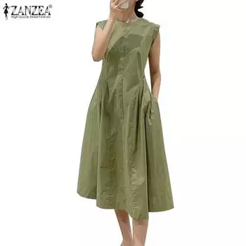 ZANZEA Женское повседневное свободное летнее платье без рукавов с круглым вырезом