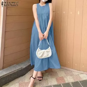 ZANZEA Женское повседневное свободное летнее платье без рукавов с круглым вырезом