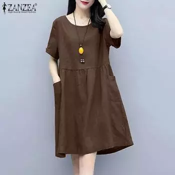 ZANZEA Женское повседневное свободное летнее платье с короткими рукавами и круглым вырезом