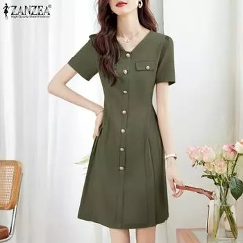 ZANZEA Женское повседневное свободное летнее платье с v-образным вырезом и короткими рукавами