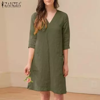 ZANZEA Женское повседневное свободное летнее платье с v-образным вырезом и рукавами 3/4