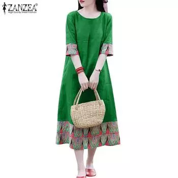 ZANZEA Женское повседневное свободное лоскутное платье с круглым вырезом и рукавами 3/4