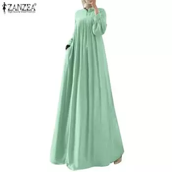 ZANZEA Женское повседневное свободное осеннее длинное платье с длинным рукавом и круглым вырезом