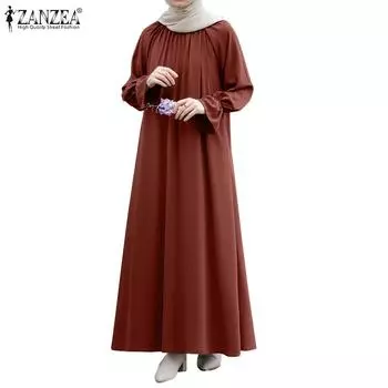 ZANZEA Женское повседневное свободное осеннее длинное платье с длинным рукавом и круглым вырезом