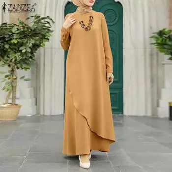 ZANZEA Женское повседневное свободное осеннее длинное платье с круглым вырезом и длинными рукавами