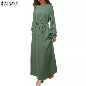 ZANZEA Женское повседневное свободное осеннее длинное платье с длинным рукавом и круглым вырезом