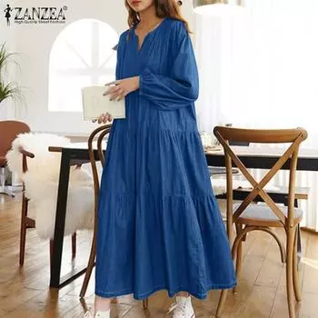 ZANZEA Женское повседневное свободное осеннее длинное платье с v-образным вырезом и длинными рукавами