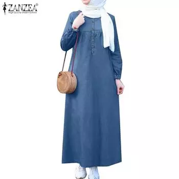 ZANZEA Женское повседневное свободное осеннее платье с длинным рукавом и круглым вырезом S темно-синий