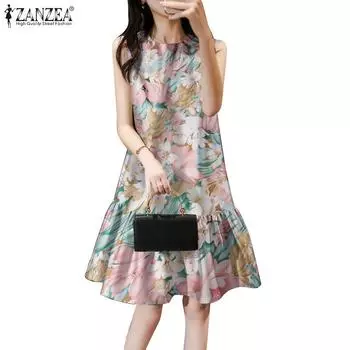 ZANZEA Женское повседневное свободное платье без рукавов с круглым вырезом и принтом