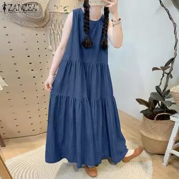 ZANZEA Женское повседневное свободное платье без рукавов с круглым вырезом 4XL чёрный