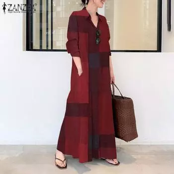 ZANZEA Женское повседневное свободное платье-кафтан в клетку с длинными рукавами и длинными рукавами, большие размеры