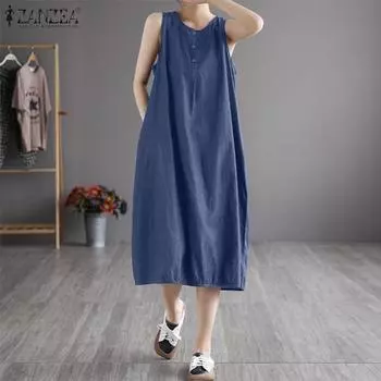 ZANZEA Женское повседневное свободное платье-майка без рукавов с круглым вырезом M чёрный