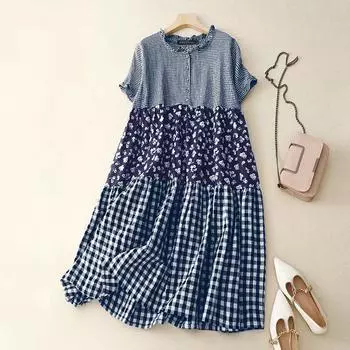 ZANZEA Женское повседневное свободное платье-рубашка с круглым вырезом и коротким рукавом в клетку с цветочным принтом S темно-синий