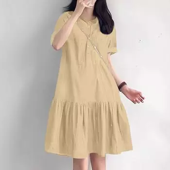 ZANZEA Женское повседневное свободное платье-рубашка с отложным воротником и короткими рукавами S хаки