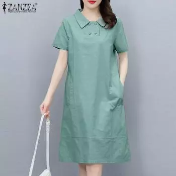 ZANZEA Женское повседневное свободное платье-рубашка с отложным воротником и короткими рукавами S