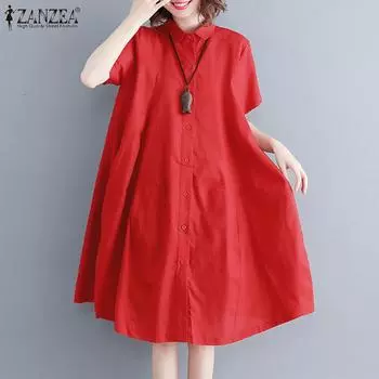 ZANZEA Женское повседневное свободное платье-рубашка с отложным воротником и коротким рукавом 4XL белый