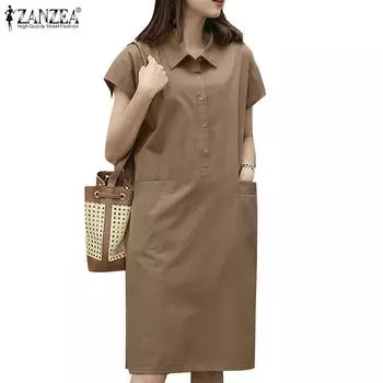ZANZEA Женское повседневное свободное платье-рубашка с отложным воротником и коротким рукавом 4XL темно-синий