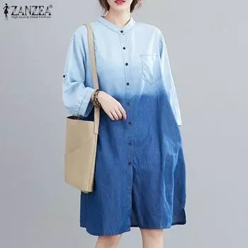 ZANZEA Женское повседневное свободное платье-рубашка с воротником-стойкой и длинными рукавами S чёрный