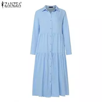 ZANZEA Женское повседневное свободное платье-рубашка с отложным воротником и длинными рукавами 4XL