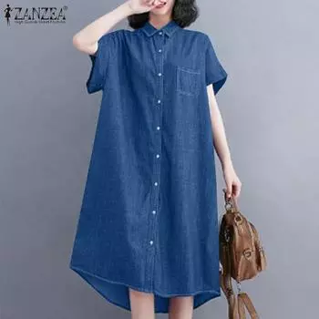 ZANZEA Женское повседневное свободное платье-рубашка с отложным воротником и коротким рукавом S чёрный