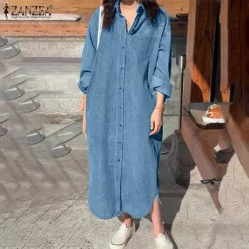 ZANZEA Женское повседневное свободное платье-рубашка с отложным воротником и длинными рукавами M темно-синий