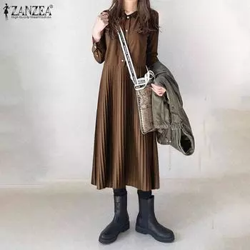 ZANZEA Женское повседневное свободное платье-рубашка с отложным воротником и длинными рукавами S коричневый