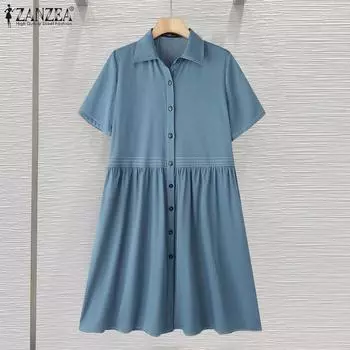 ZANZEA Женское повседневное свободное платье-рубашка с отложным воротником и коротким рукавом S светло-синий