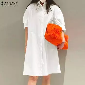 ZANZEA Женское повседневное свободное платье-рубашка с коротким рукавом и отложным воротником