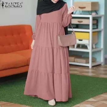 ZANZEA Женское повседневное свободное платье с круглым вырезом и длинными рукавами
