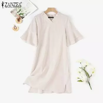 ZANZEA Женское повседневное свободное платье с v-образным вырезом и оборками и половиной рукавов S темно-зеленого