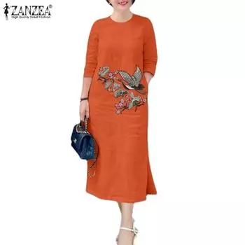 ZANZEA Женское повседневное платье с круглым вырезом и рукавом 3/4, с цветочной вышивкой, свободного кроя, из льна (нехлопок) S темно-синий