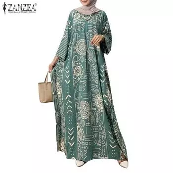 ZANZEA Женское повседневное свободное платье с круглым вырезом и длинными рукавами