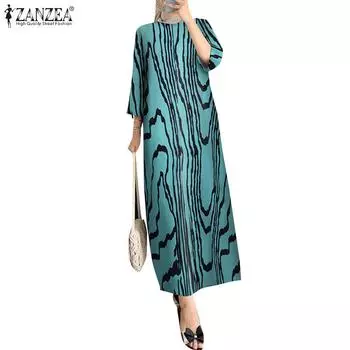 ZANZEA Женское повседневное свободное платье с круглым вырезом и рукавами 3/4 S зелёный