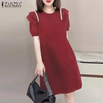 ZANZEA Женское повседневное свободное платье с круглым вырезом и короткими рукавами, однотонное свободное платье