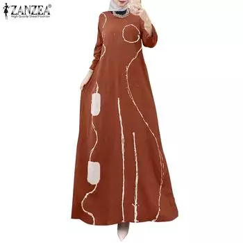 ZANZEA Женское повседневное свободное платье с длинным рукавом с круглым вырезом и принтом
