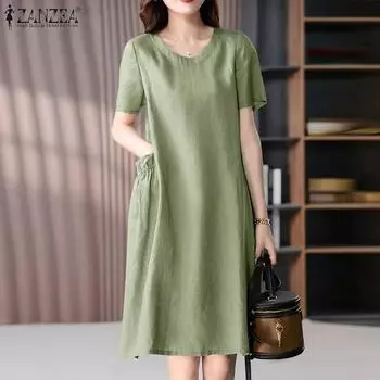 ZANZEA Женское повседневное свободное платье с круглым вырезом и короткими рукавами, летнее платье